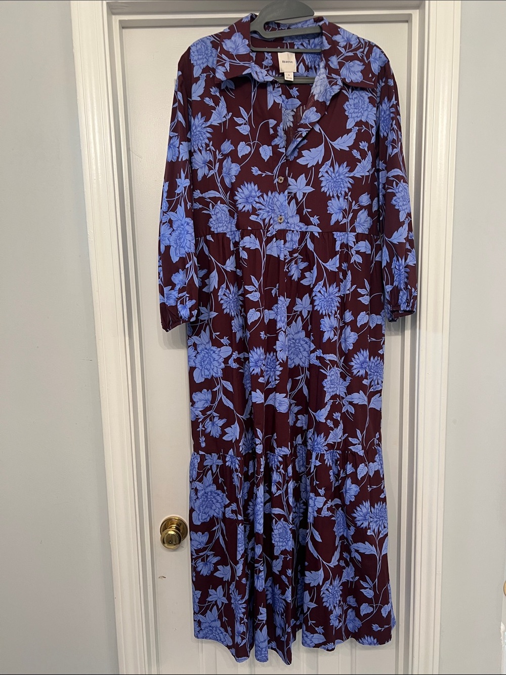 Anthropologie Tiered. Floral Midi Dress in Chocolate and Periwinkle